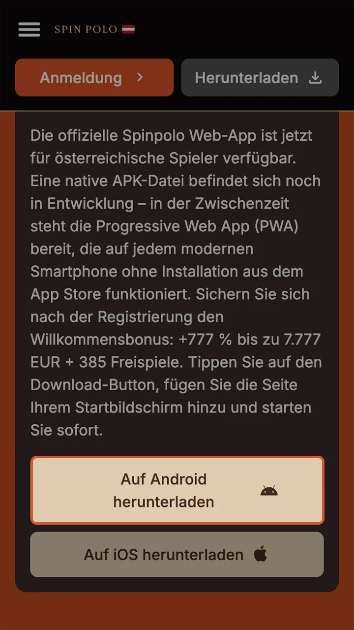 Wählen Sie die Android-Schaltfläche aus und starten Sie den Download der Spinpolo-App.