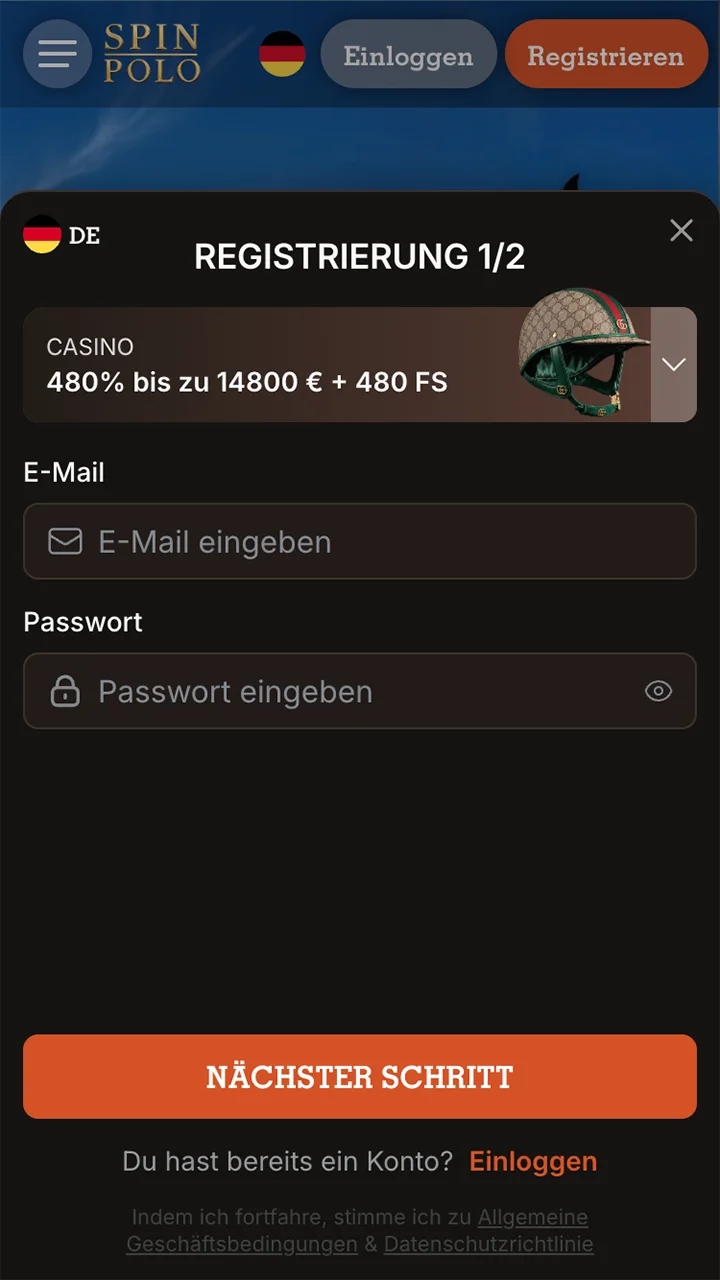 Führen Sie nach der Installation der Spinpolo-App eine Schnellregistrierung Ihres Kontos durch.