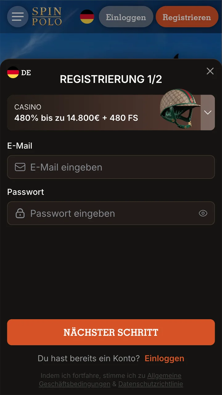 Anmeldeformular in der Spinpolo-App.