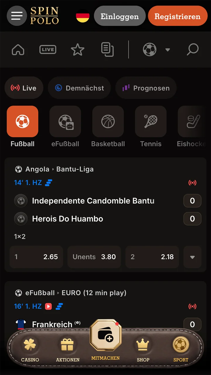 Sportwetten in der Spinpolo-App.