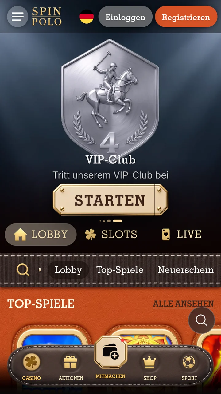 Startseite der Spinpolo-App.