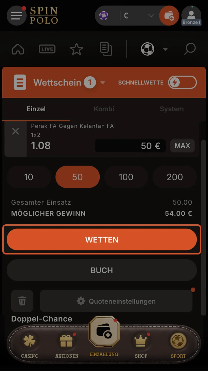 Platzieren Sie eine Wette in der Spinpolo-App und fiebern Sie mit, bis Ihre Lieblingsmannschaft gewinnt.