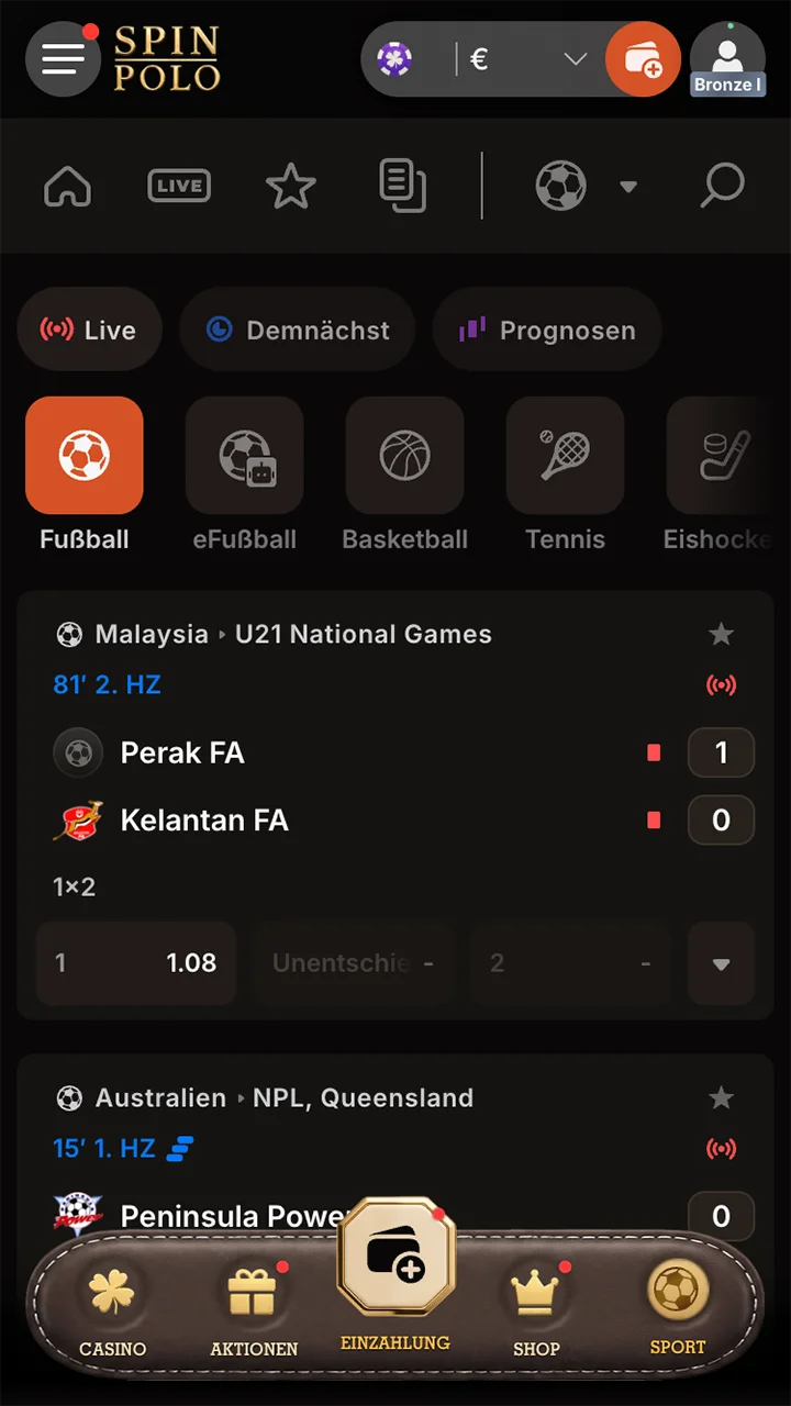 Sehen Sie sich in der Spinpolo-App die für Wetten verfügbaren Spiele an.