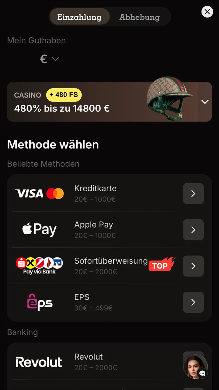 Nutzen Sie Apple Pay, um eine Einzahlung in der Spinpolo-App vorzunehmen.