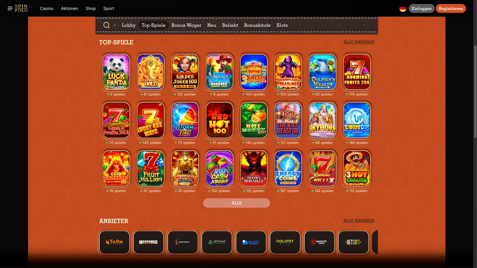 Beliebte Spielautomaten auf der Website Spinpolo.