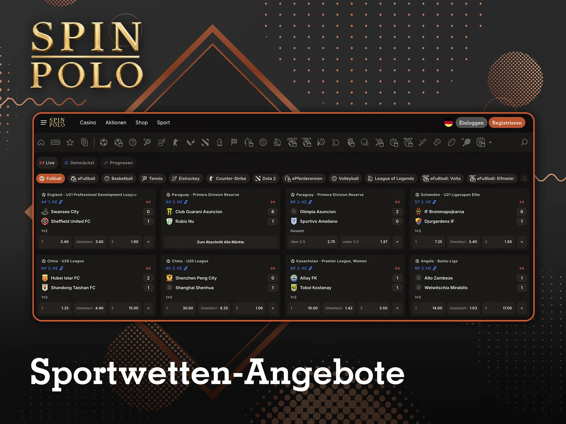 Informieren Sie sich auf der Website von Spinpolo über die verfügbaren Sportarten, auf die Sie Wetten abschließen können.