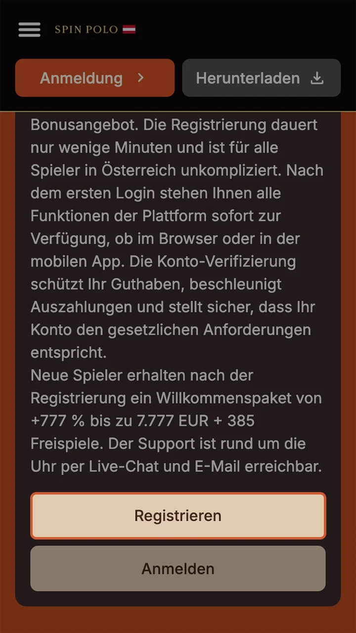 Klicken Sie auf die Schaltfläche „Registrieren“ im Spinpolo-Casino.