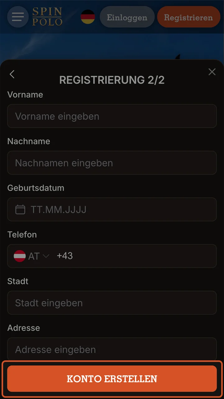 Schließen Sie die Registrierung Ihres Kontos auf der Spinpolo-Plattform ab.