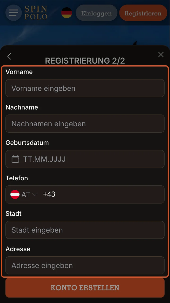 Geben Sie die für die Registrierung eines Kontos auf der Spinpolo-Website erforderlichen Daten sorgfältig ein.