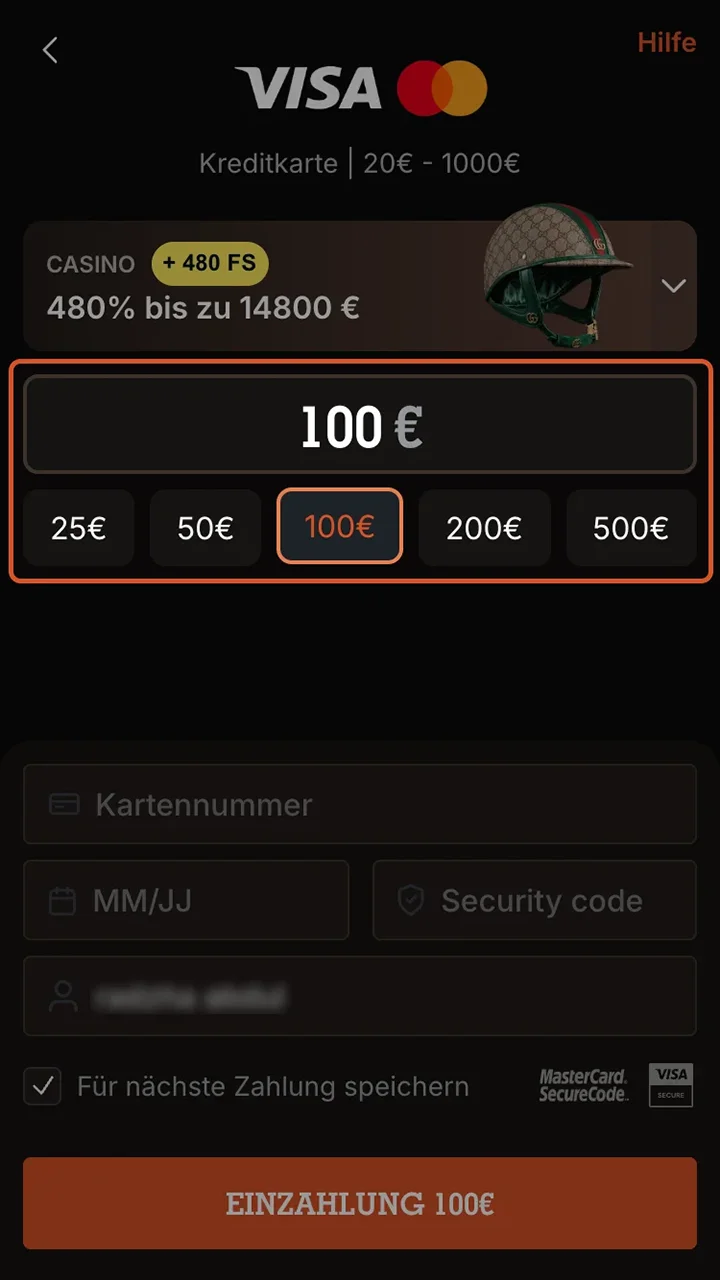 Wählen Sie den Betrag für Ihre erste Einzahlung auf der Website von Spinpolo aus.