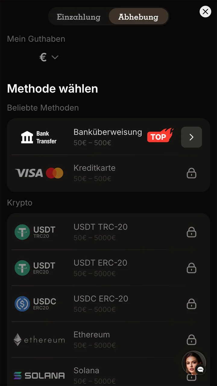 Wählen Sie auf der Website von Spinpolo eine Kryptowährung für die Auszahlung aus.