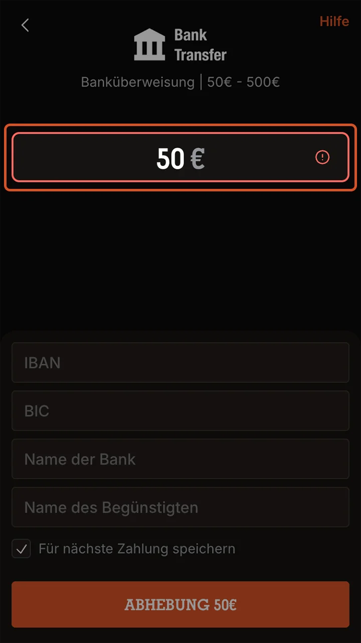 Legen Sie in der Spinpolo-App den Auszahlungsbetrag fest.