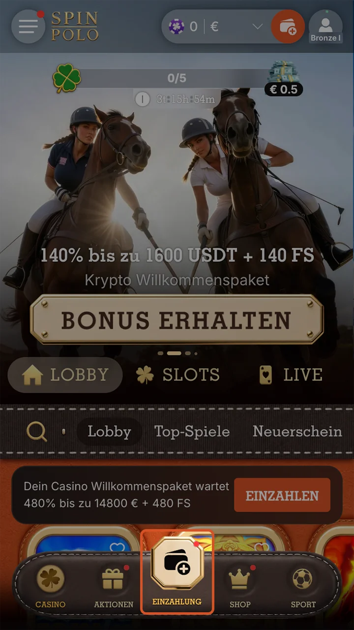 Öffnen Sie auf der Spinpolo-Website die Registerkarte Auszahlung.